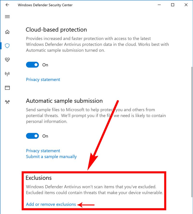 بخش Exclusions در Windows Defender